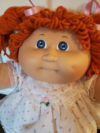 Vintage 1983 Cabbage Patch Kids Doll Girl Red Hair Blue Eyes Pink Rosebud Dress