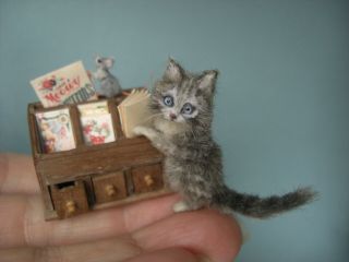 OOAK Dollhouse 1:12 Miniature KITTEN ^ MOUSE X MAS display Handmade OREON cat 2