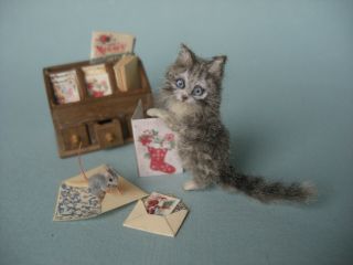 OOAK Dollhouse 1:12 Miniature KITTEN ^ MOUSE X MAS display Handmade OREON cat 3