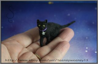 Ooak Dollhouse Miniature Black Cat Flocked Animal 1:12 Igma