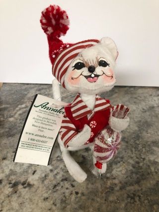 Annalee Peppermint Boy Mouse 2007 Red & White Candy Cane 6” Christmas W/ Tag