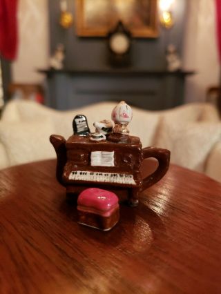 Miniature Uk Artisan Sculpted Pottery Hand Painted Piano And Stool Teapot
