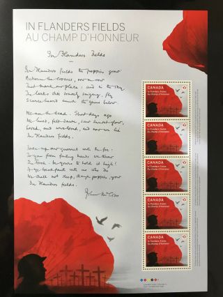 John Mccrae In Flanders Fields Wwi Poem 100 Years - Canada Sheet Of 5 W Poppy