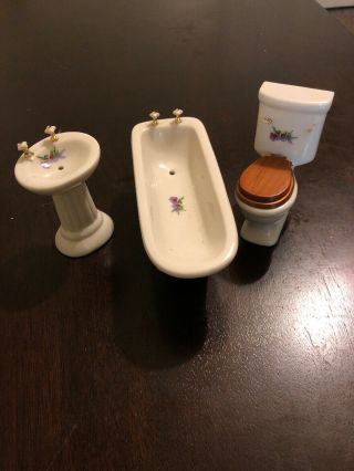Dollhouse Miniature Porcelain Bathroom Tub Sink And Toilet Set