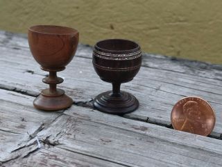 Old Vtg Miniature Doll House Hand Turned Wooden Wine Goblets Chalices Set Of 2
