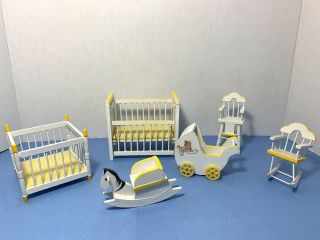 Yellow And White Nursery Baby Room Dollhouse Furniture Set Crib Playpen Stroller