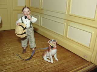 Sale: Dollhouse Miniature Porcelain Little Boy Doll W Dog Jane Bradbury