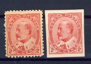 2x Canada King Edward Vii Stamps No.  90 Mnh F,  90a Imperf.  Mh Vf Cv=$75.  00
