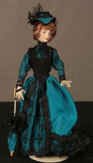 Victorian Lady Doll In Bustle Dress,  Parasol & Hat All Of Turquoise & Black Lace