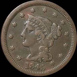 1845 Braided Hair Large Cent About Uncirculated Philadelphia 1c Copper Coin Nr