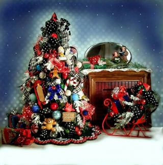 Dollhouse Miniature Christmas Tree W Skirt,  Sleigh,  5 Presents Handcrafted 8 Pc