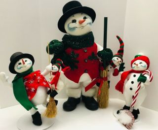 Annalee Christmas Set Of 3 Snowman W/ Baby,  Candy Cane Shovel,  Broom 2003,  2005