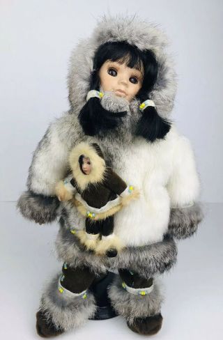 Alaskan Eskimo Porcelain Doll W/ Baby Doll Native Fur Parka W/ Stand And Tag
