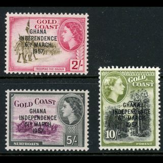 Ghana 1957 - 58 Independence.  2s,  5s & 10s.  Sg 179 - 81.  Never Hinged.  (ab681)