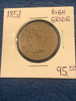 1851 Braided Hair,  Large Cent - 168 Years Old On