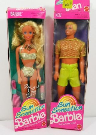 Vintage Sun Sensation Barbie & Ken Dolls 1991 Mattel With Box 1390 - 92