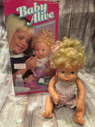 Vintage 1990 Kenner Baby Alive Doll With Box Outfit Eats Wets