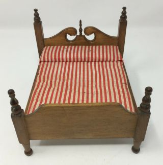 Vintage Wood Dollhouse Miniature Bed With Mattress Red & White Bedding Furniture