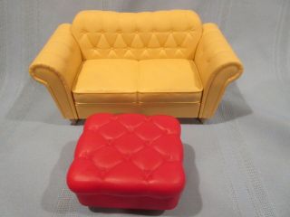 2003 Barbie My Scene Cafe Coffee Shop Tan Sofa Couch,  Red Stool Ottoman