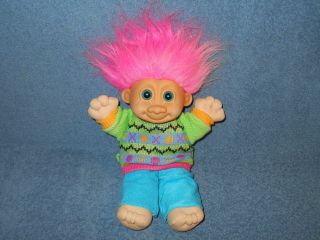 Russ 12 " Plush Troll Kids Doll Bennie 2360 Pink Hair Blue Eyes & Pants Sweater