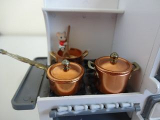 Dollhouse Miniature Bodo Hennig Copper Pot & Pans,  Mouse In The Pot.  Set Of 3