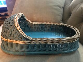 Vintage Antique Wicker Doll Cradle Bed Bassinet Blue With Wooden Bottom 13”