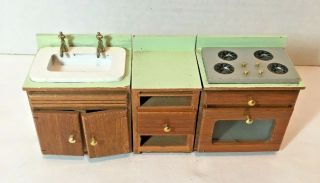 Dollhouse Miniature Wood Vintage Kitchen Sink Stove Oven Set
