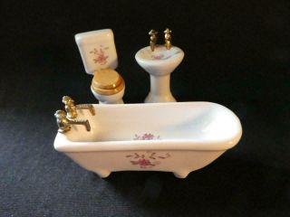 3 Piece Vintage Dollhouse Miniature Porcelain With Flowers Bathroom Set