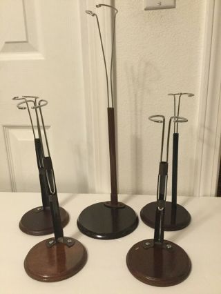 5 Adjustable Wood Base Doll Stands.  Fit 10”to 20 " Dolls.