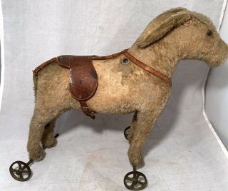 Antique Pre 1904 Steiff Mohair Donkey Pull Toy Cast Wheels Growler As Found
