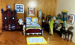 Bespaq Jbm Mahogany 4 Poster Bed Armoire Chest Vanity Dollhouse Bedroom 1:12