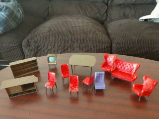 Vintage Mid Century Dollhouse Furniture Metal & Plastic Tv Couch Table Chairs