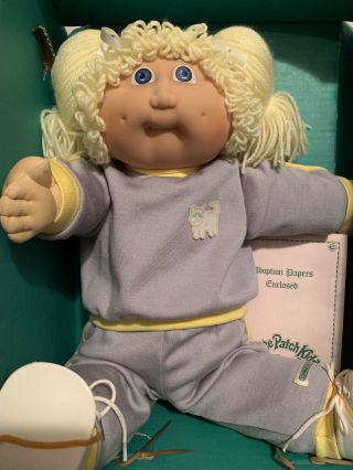 Vintage Cabbage Patch Kid Jesmar Made In Spain Blonde Hair Jogging Outfit W/cat