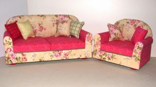 American Girl 18” Doll Handmade Upholstered Furniture 2 - Pc Sofa Red & Yellow