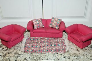 Vintage Barbie Dollhouse Furniture Living Room Sofa Couch Chair Rug Pillows Pink