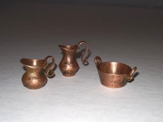 Vtg Mexico Miniature Folk Art Hammered Handmade Copper Set: 2 Pitchers & 1 Pot
