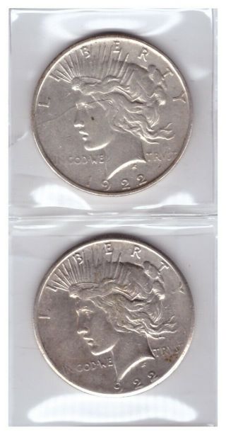 Us (2) Two 1922 - D & 1922 - S Peace Silver Dollars - Both Fine - Vf