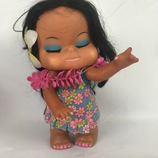 Vintage Hawaiian Souvenir Hula Girl Doll Muumuu Pink Flower Lei Plastic 70s