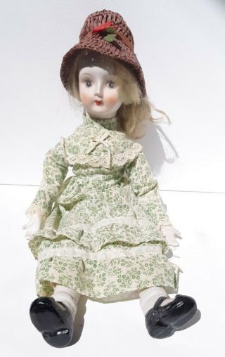 Vintage 1970s 1980s Bisque Porcelain Doll 18 " Long,  Green Dress With Brown Hat