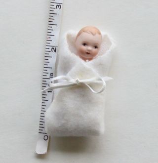 Vintage Miniature Little Bisque Porcelain Jointed Baby Doll In Blanket