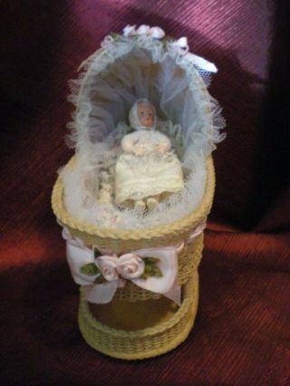 Artisan Vtg Miniature Dollhouse Victorian Baby Doll & Wicker Bassinet Handmade