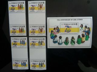 Turks & Caicos 1985 Girl Guides 75th Anniversary Set 4v Gutter Pairs & M/s Mnh