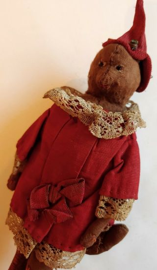 Antique Handmade Christmas Mouse With Hat & Lace Trimmed Dress