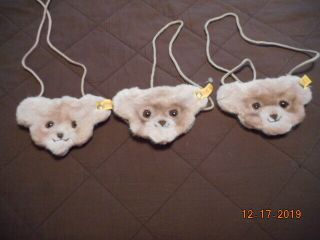 (3) Steiff Teddy Coin Purses - Plush - Stitched Nose - Brass Button - Yellow Tag