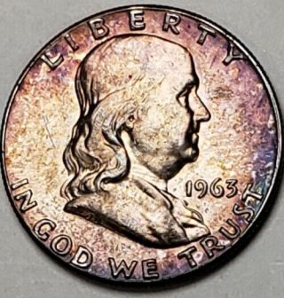1963 Franklin Silver Half Dollar Bu Unc Color Toned Coin 4