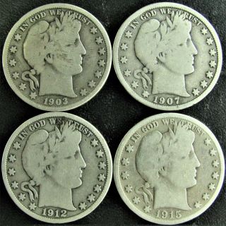 Barber Half Dollars (4 Silver Coins) 1903 - O,  1907 - O,  1912 - P,  1915 - D
