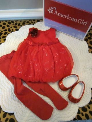 Euc American Girl 18 " Doll Red Sparkle Party Dress Shoes Tights Outfit