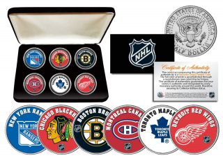 The Six Nhl Teams Colorized Jfk Half Dollars Us 6 - Coin Set In Gift Box