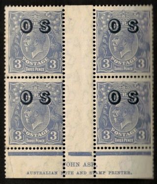 Australia 1933 Sc O9,  John Ash Imprint Gutter Block Of 4 Stamps Os Ovpt.