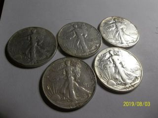 Walking Liberty Half Dollars,  (5),  1941 1942 1944 1943 90 Silver